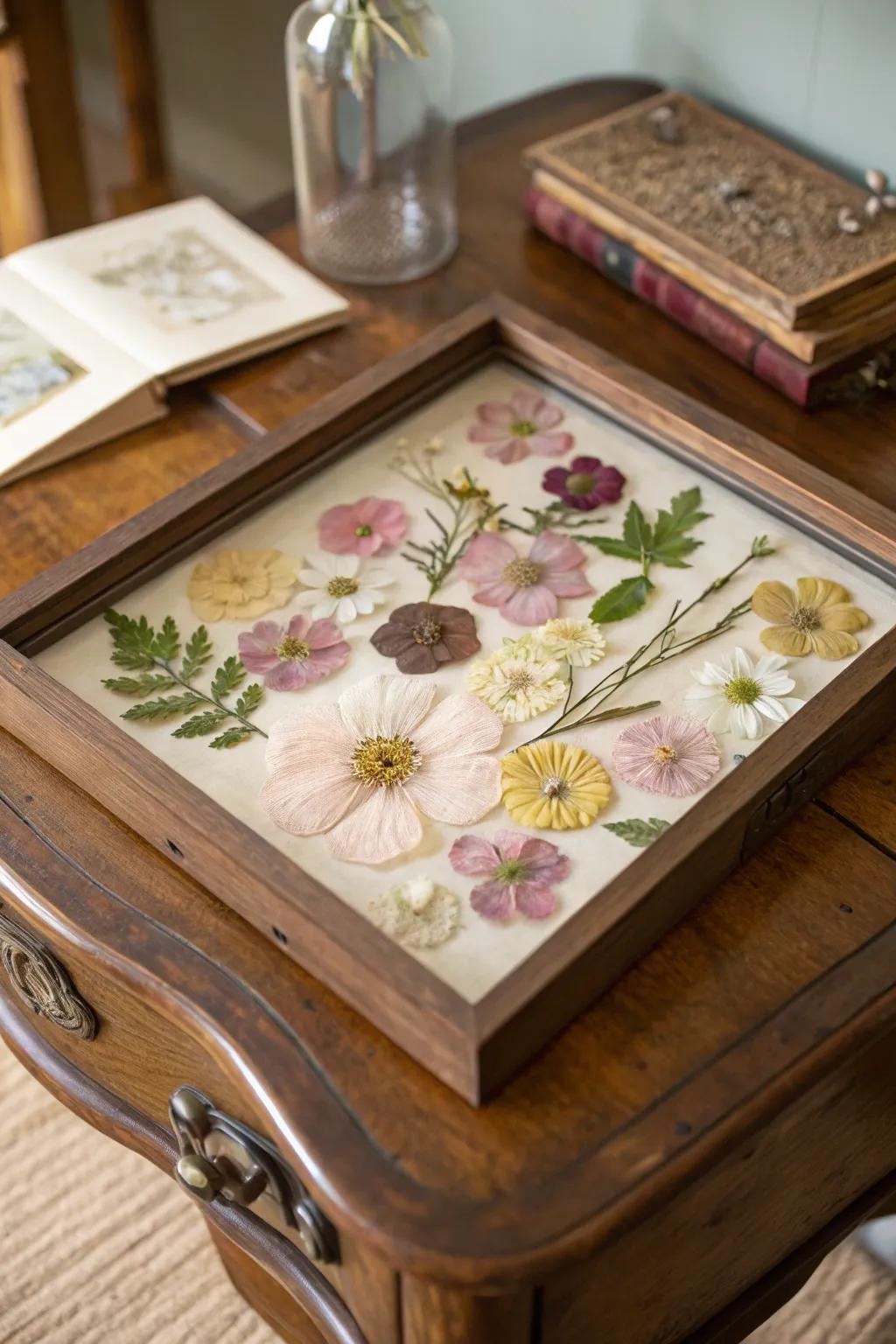 A delicate pressed flower keepsake shadow box.