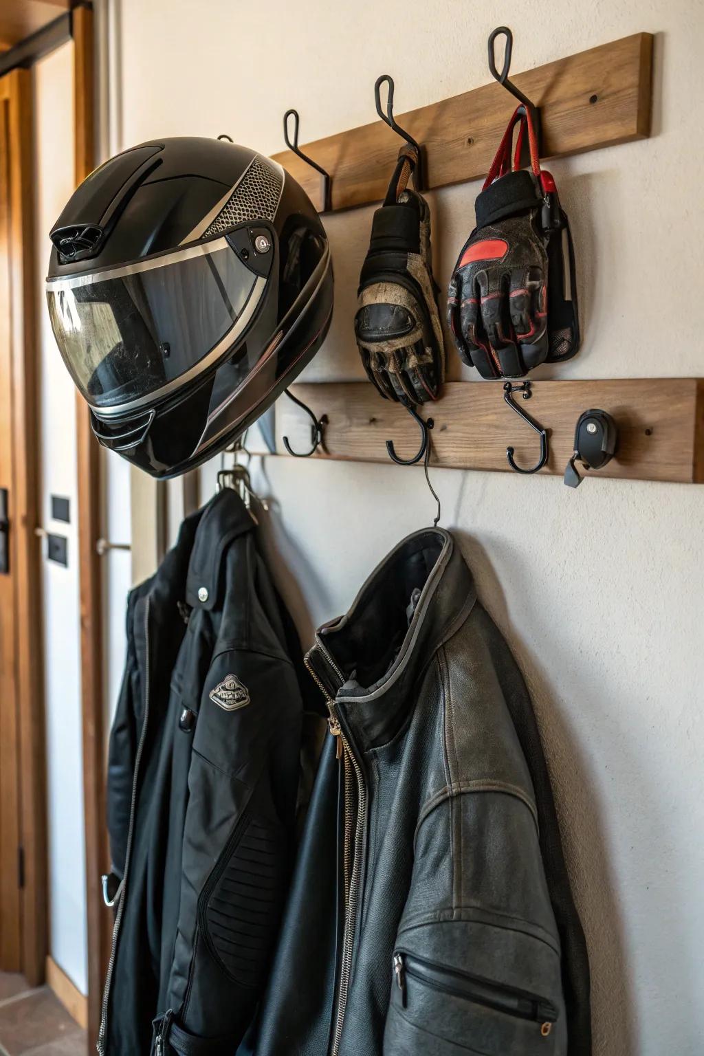 Helmet hooks offer a quick and convenient storage option.