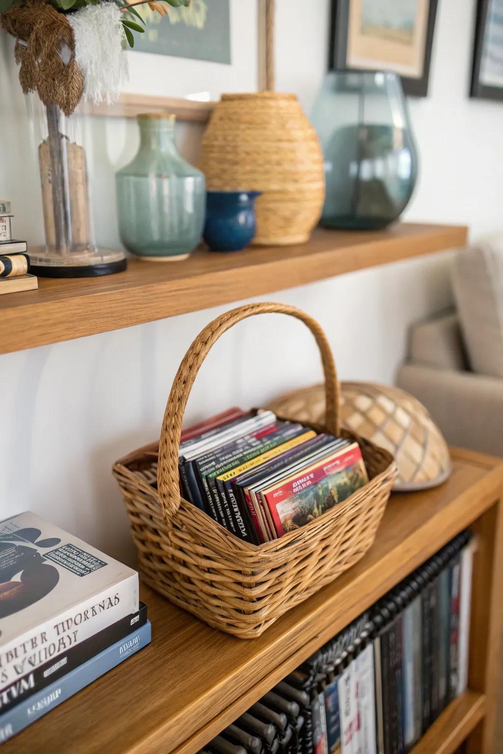 A small basket filled with DVDs in disk sleeves, neatly stored on a shelf.