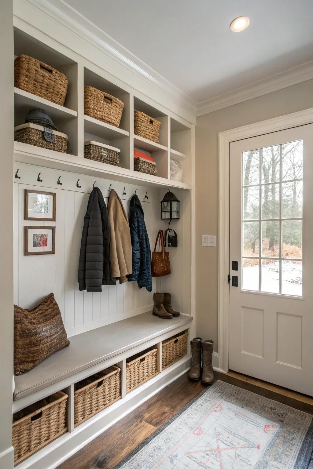 A hallway closet can be transformed into a practical mudroom nook.