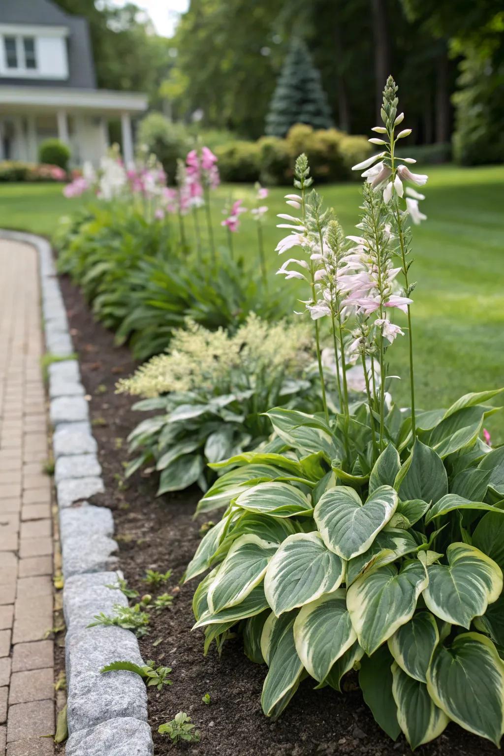 Neat edging plants define and structure a narrow flower bed.