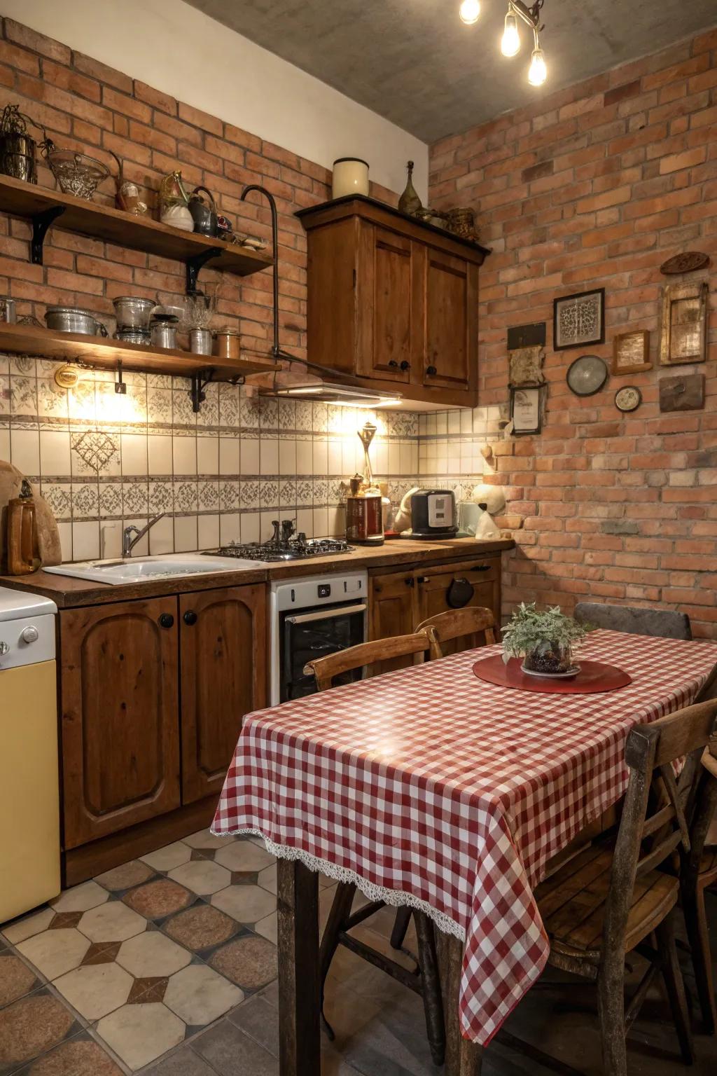 Charming kitchen with a rustic brick tile backsplash.