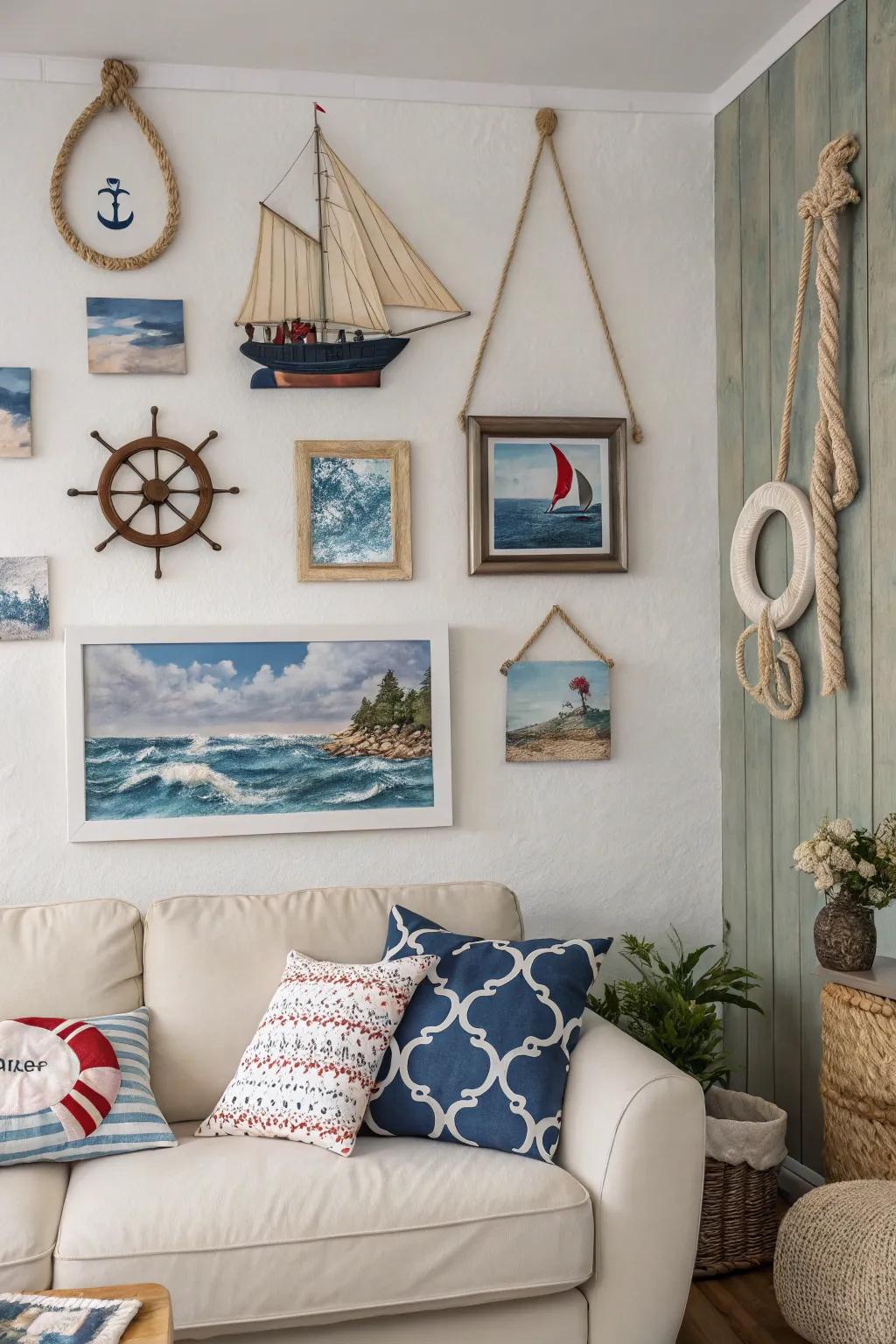 Nautical wall art enhances the coastal vibe of your living room.