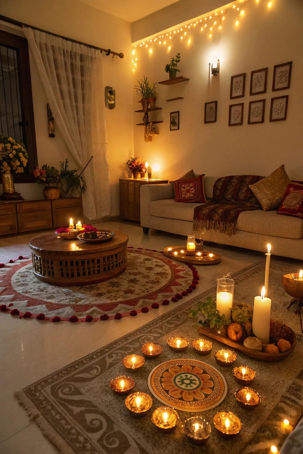 A living room beautifully illuminated with traditional diyas for Navratri.