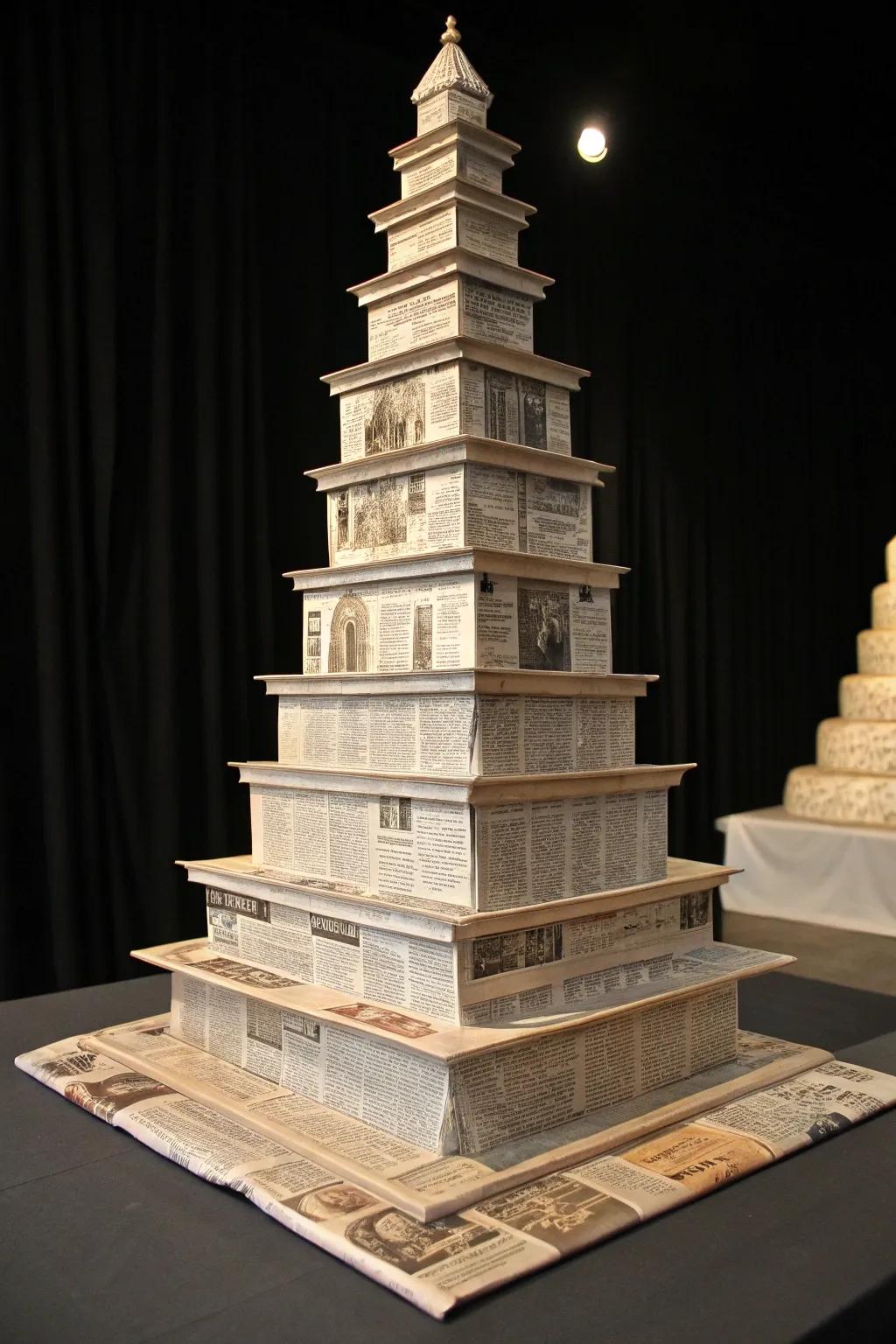 Master the art of newspaper engineering with this tiered tower design, perfect for those who appreciate intricate craftsmanship.