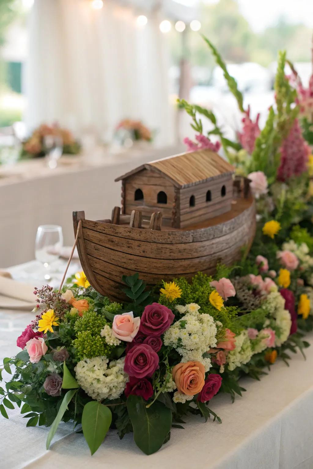 Floral accents bring a fresh elegance to the Noah's Ark centerpiece.