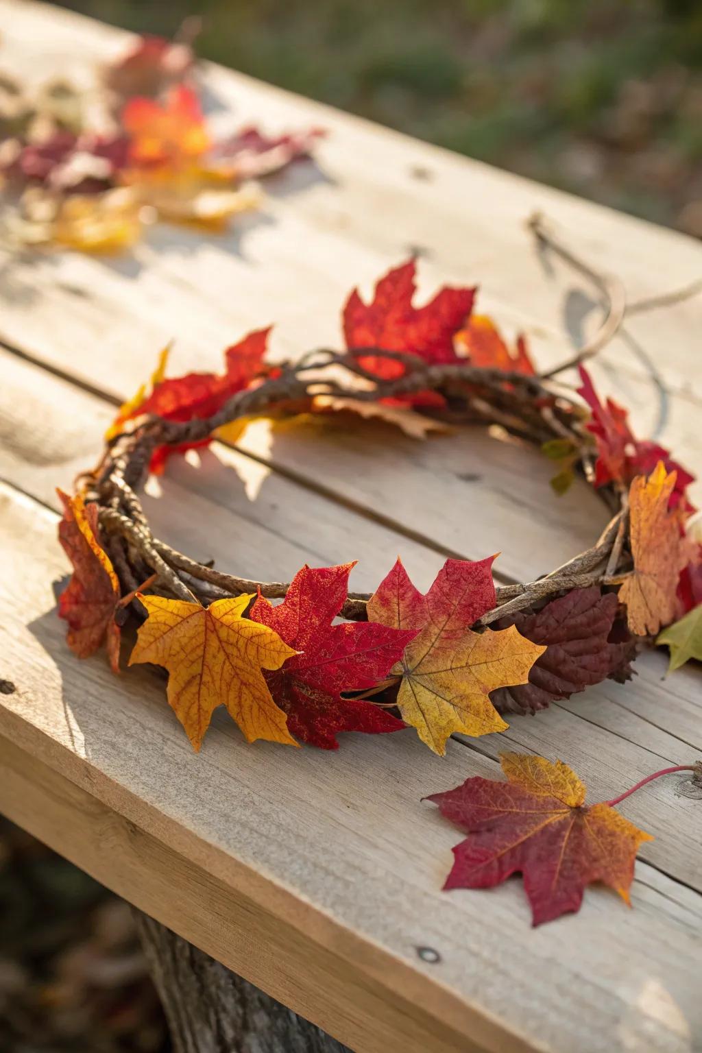 Embrace autumn's elegance with a handmade leaf crown that celebrates nature's vibrant palette.