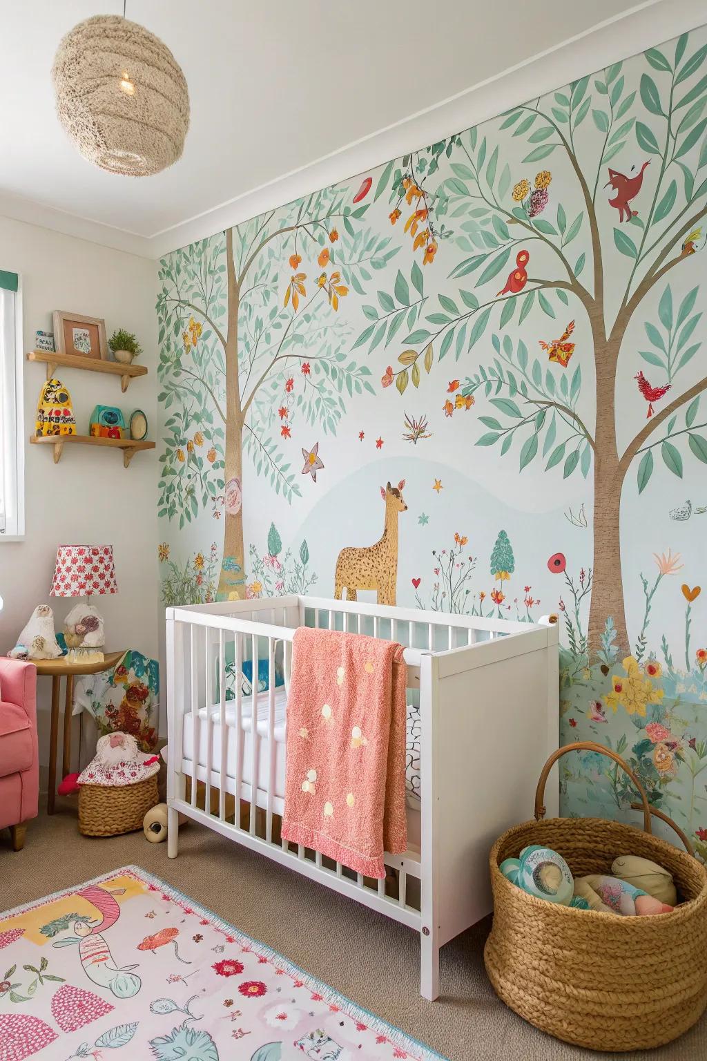 A nursery with a whimsical nature-themed wallpaper accent wall full of imagination.