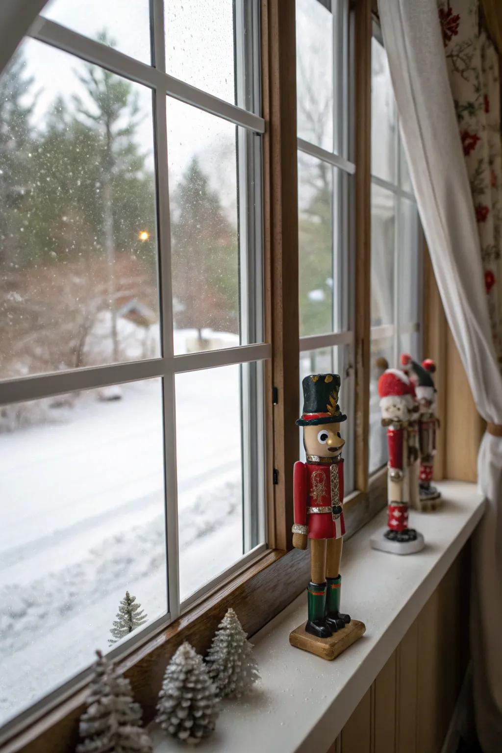 Nutcrackers on window sills add festive charm inside and outside.