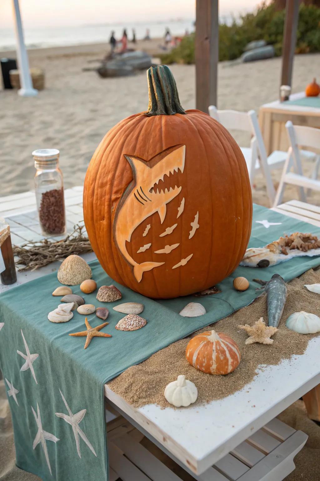 A shark carving that captures the motion of the ocean, perfect for sea-life enthusiasts.