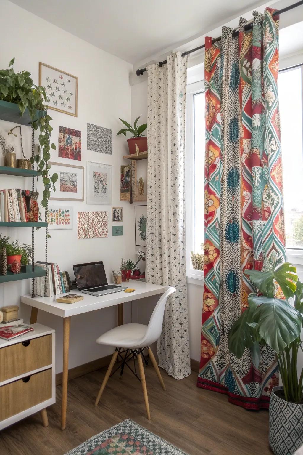 Patterned curtains bring a creative flair to the office.