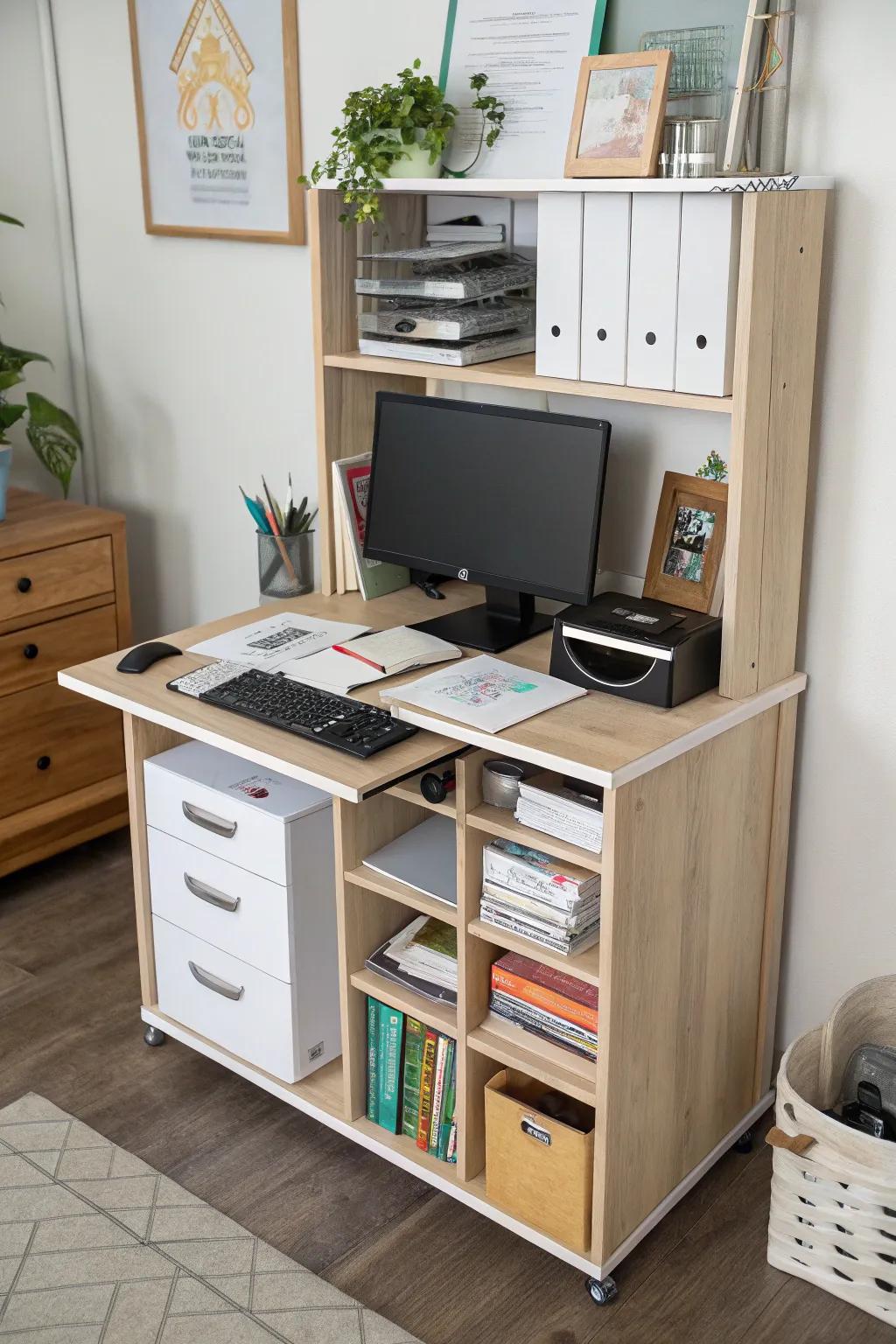 Multifunctional furniture can optimize space in a small office.