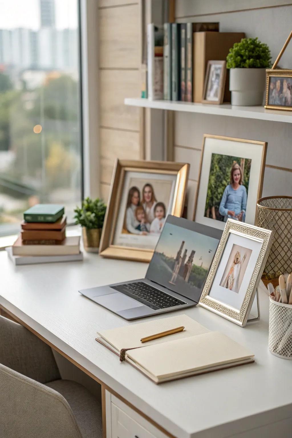 Create a personal touch with cherished photos on your desk.