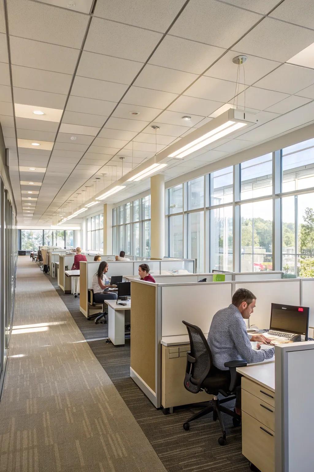 Low partition offices merge openness with individual space.