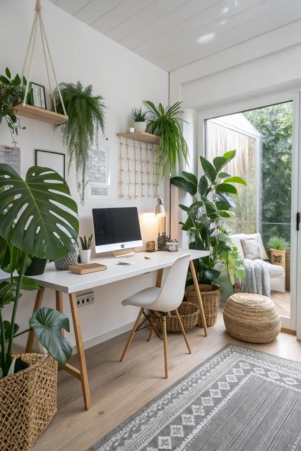 A home office enriched with greenery, enhancing both aesthetics and air quality.