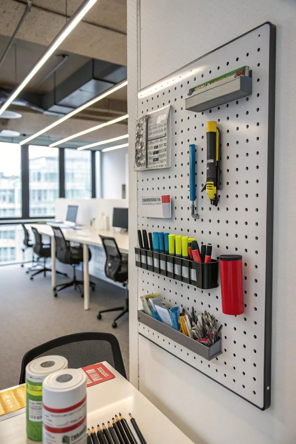 A customizable pegboard organizer for versatile office storage.