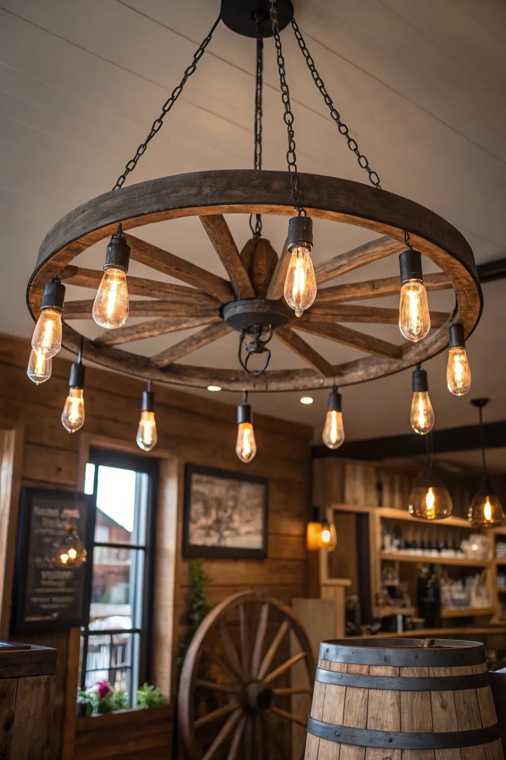 A wagon wheel repurposed as a chandelier base adds charm and warmth.