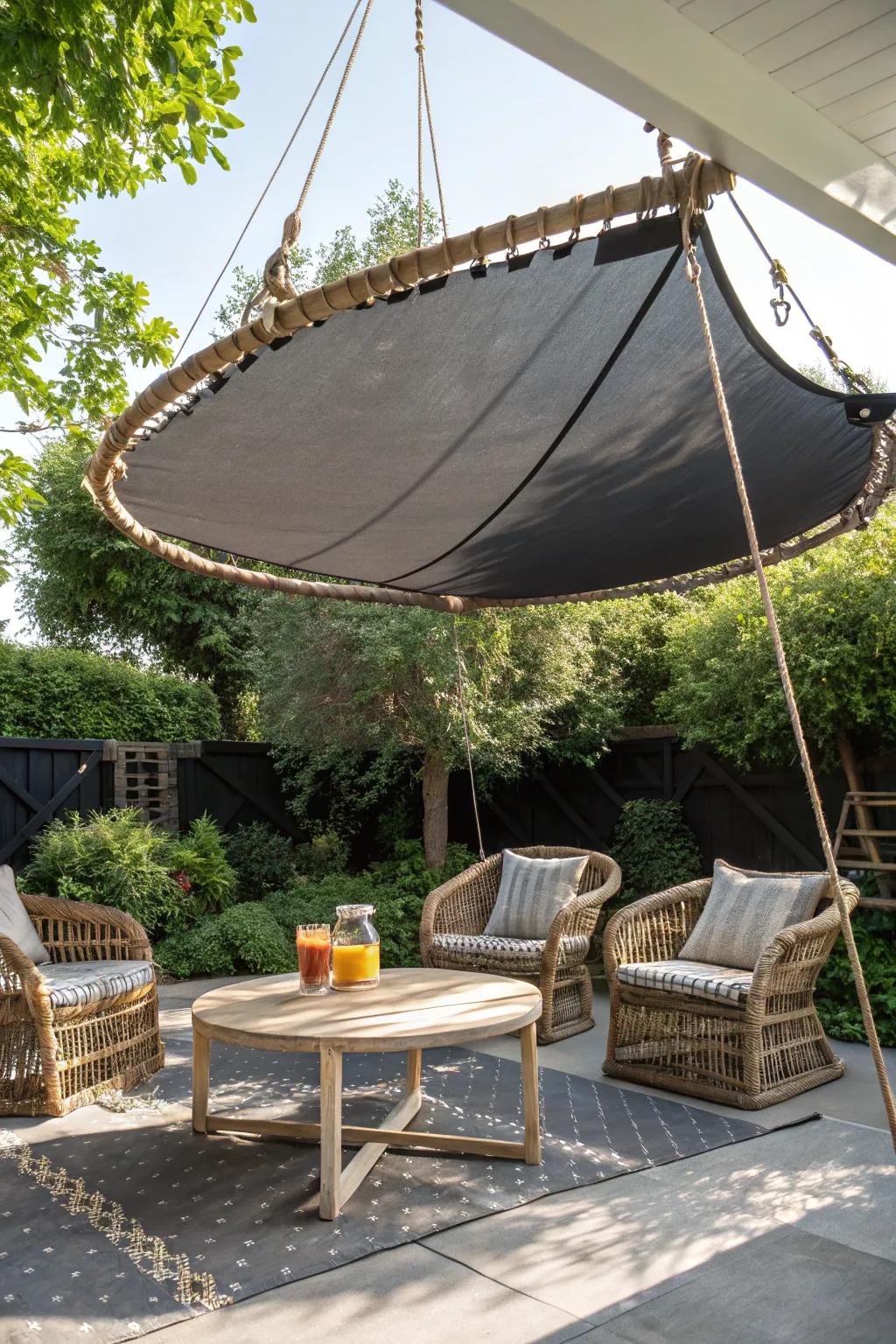 Transform your patio into a cool oasis with an upcycled trampoline mat shade canopy.
