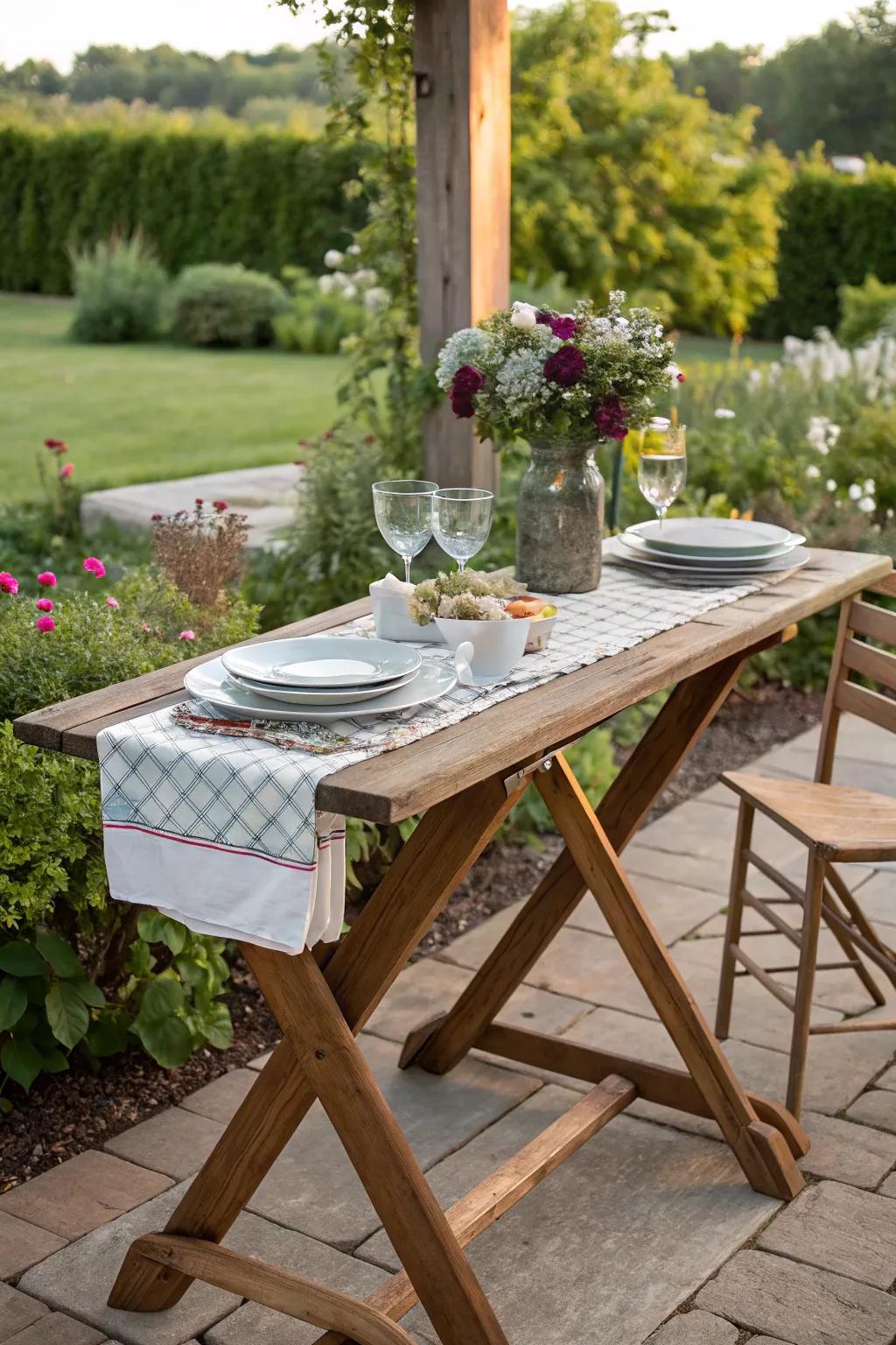 Create a high-boy table for outdoor meals using an ironing board.