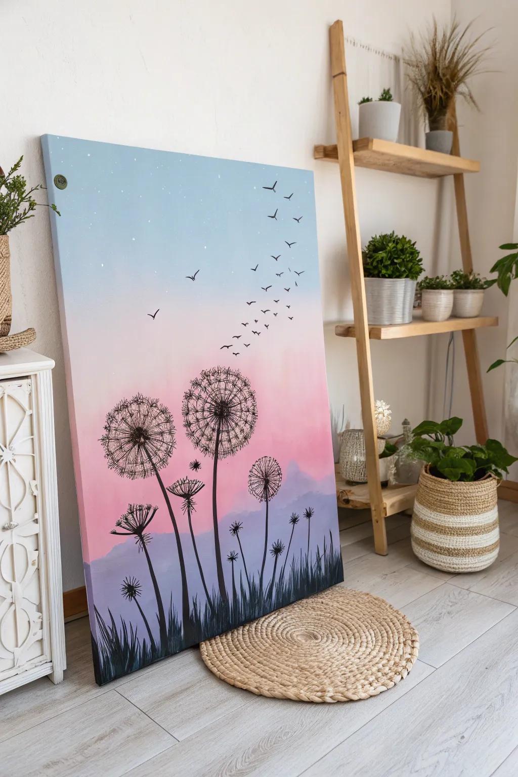 Bring the serene beauty of nature indoors with this ombre dandelion silhouette canvas, perfect for a minimalist and boho-inspired space.