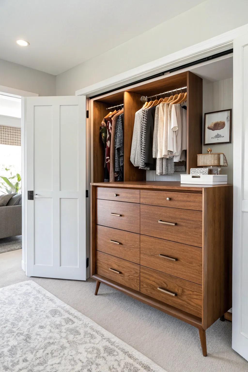 A midcentury modern dresser enhancing an open closet.