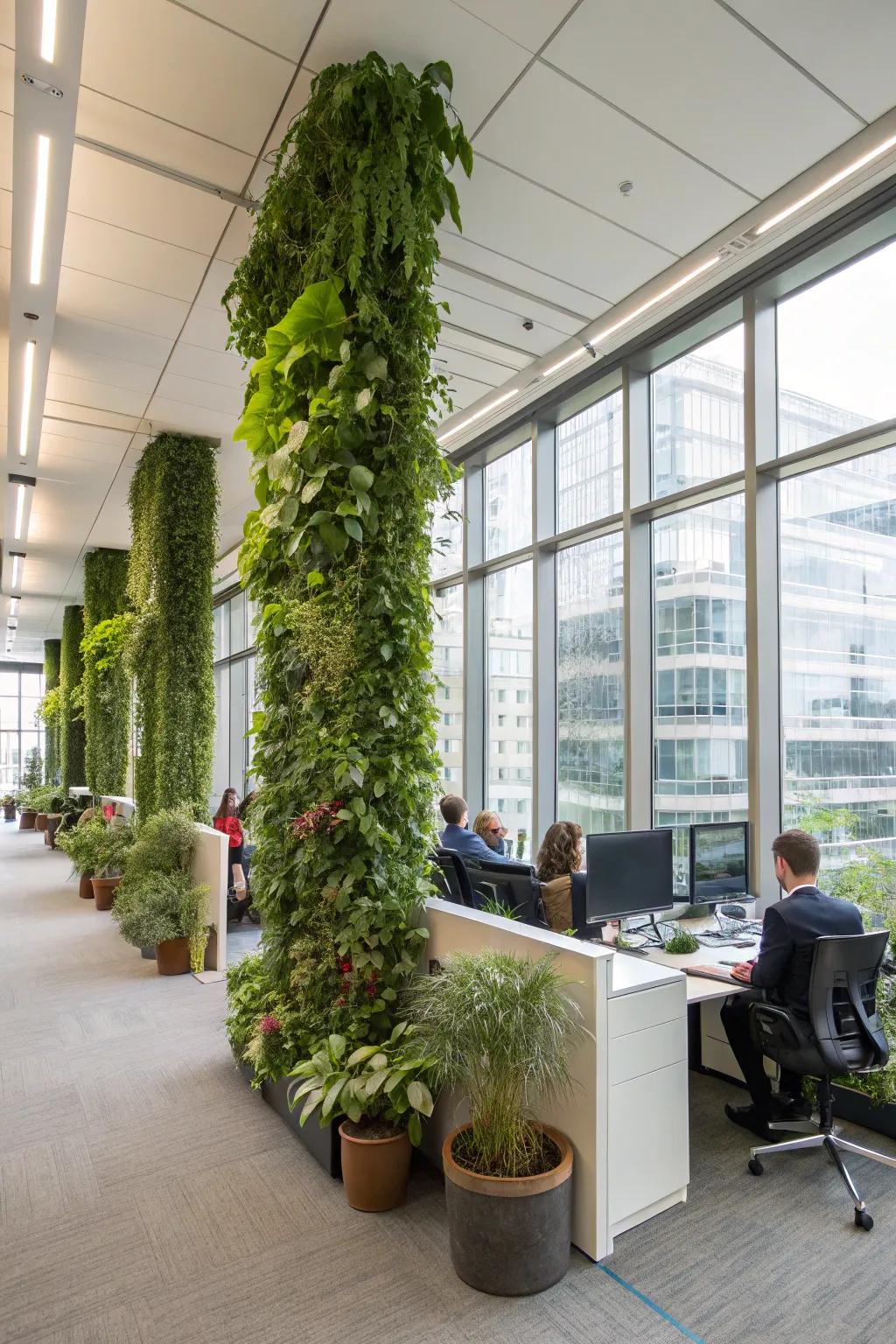 Greenery in the form of vertical gardens and potted plants in an open office.