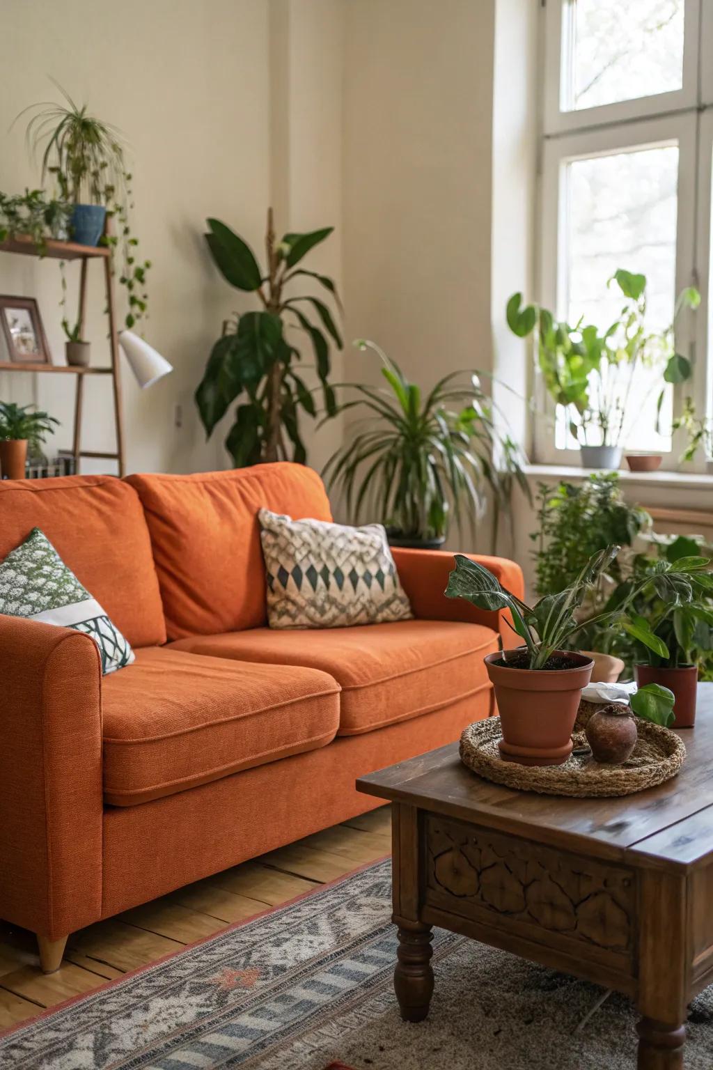 A vibrant living room where an orange couch is enhanced by lush greenery.