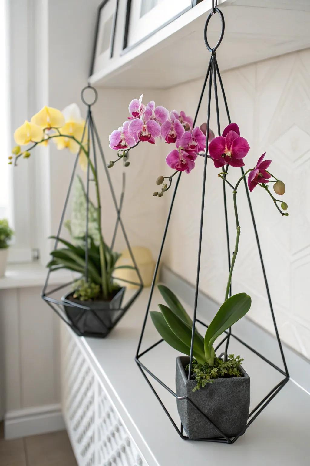 Modernize your space with geometric orchid hangers.