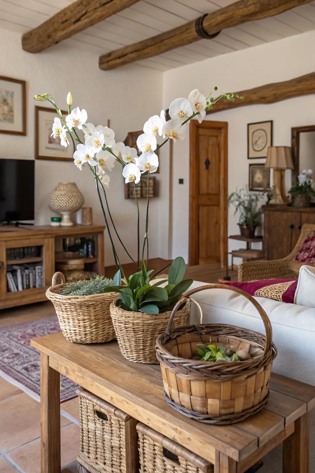 Rustic charm with handcrafted wooden baskets beautifully displaying orchids.