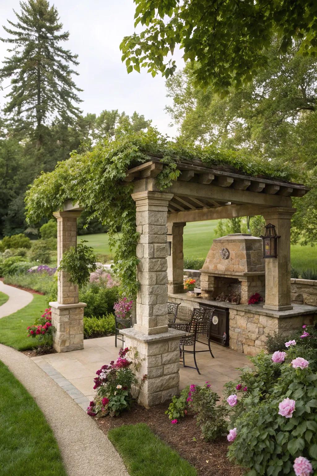 A stone BBQ shelter with a pergola, blending elegance with functionality.