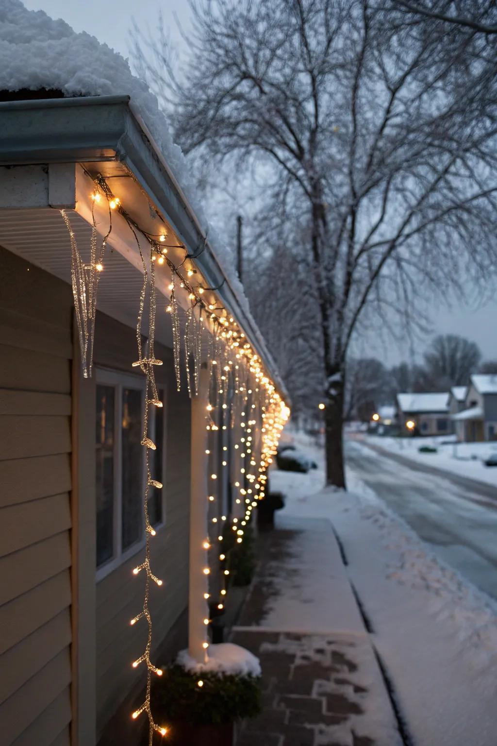 Icicle lights hang from the gutters, adding a wintry magic to the home's exterior.