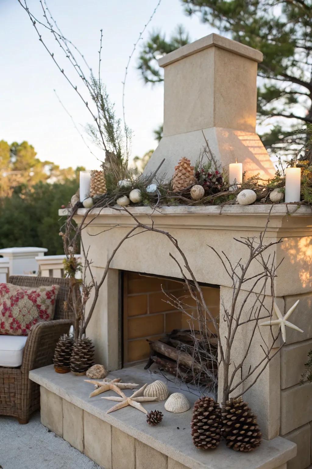 A nature-inspired mantel with branches, pinecones, and seashells.