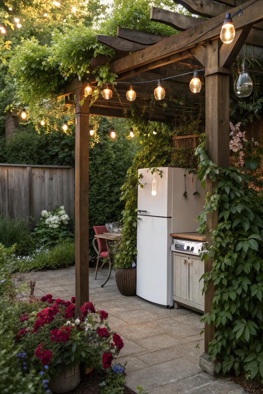 A pergola adds charm and functionality to an outdoor fridge area.