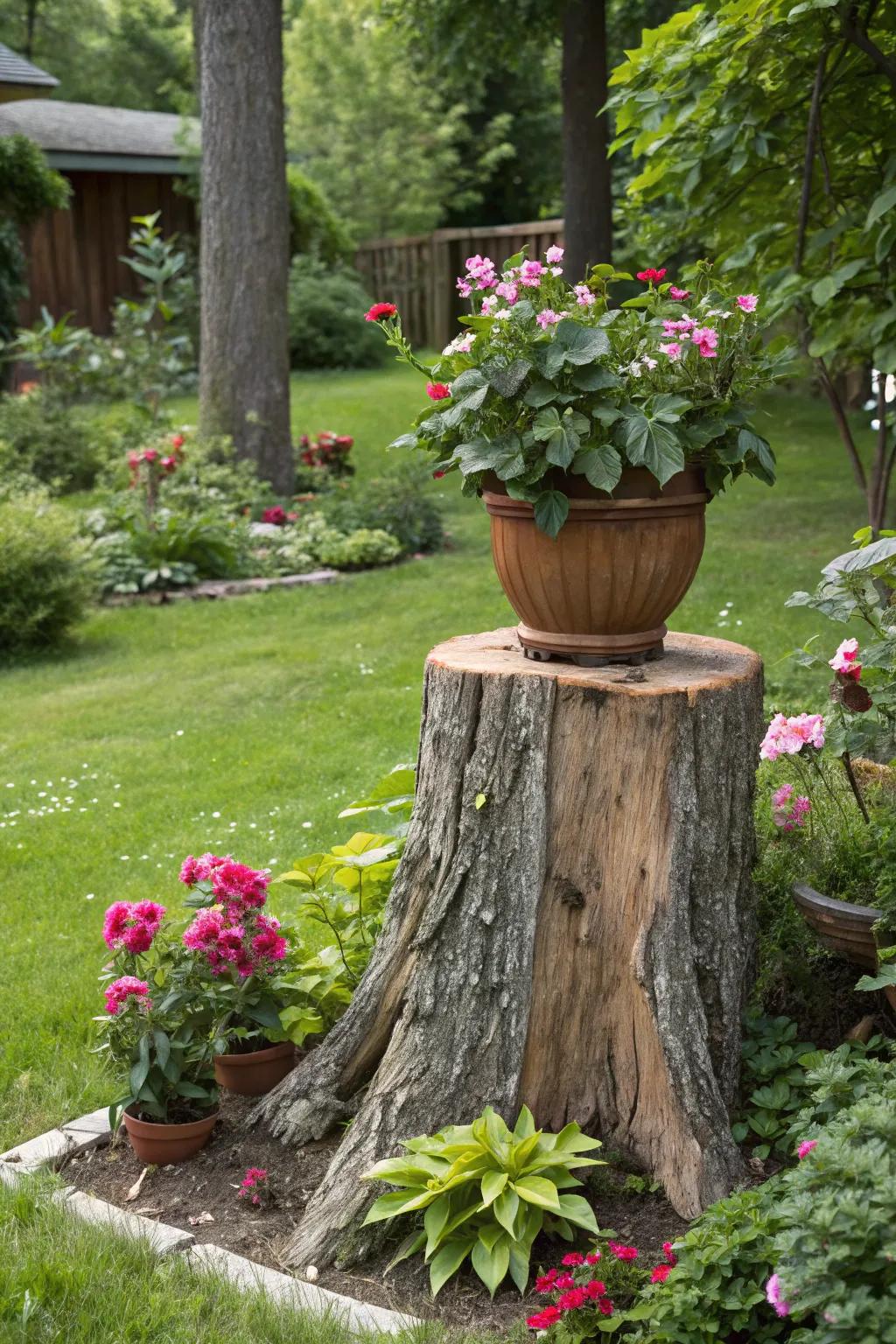 Integrate natural elements with a tree stump plant stand.