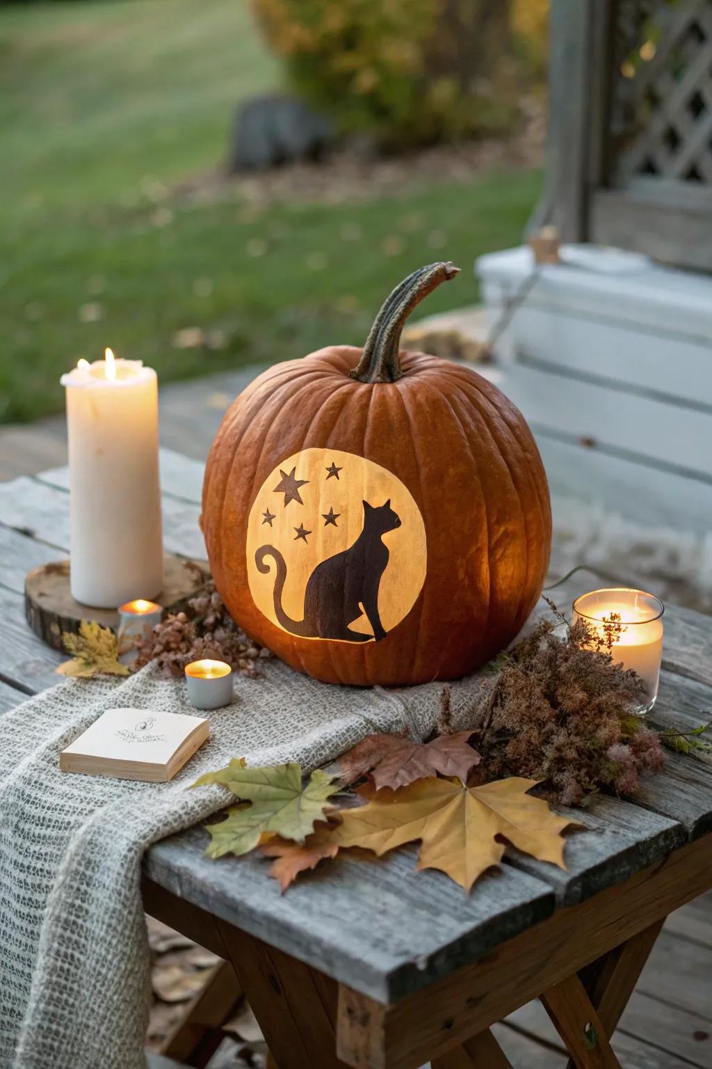 Embrace the mystical allure with a moonlit cat silhouette, bringing magic to your autumn nights.