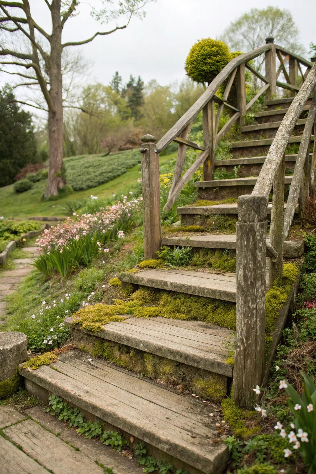 Rustic wooden steps add timeless charm.