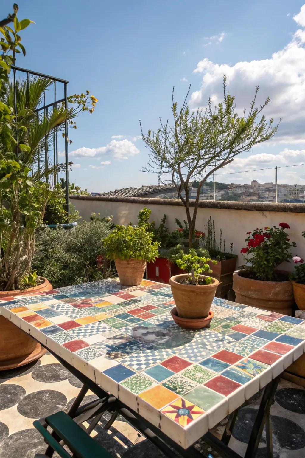 A colorful tiled tabletop adds a touch of Mediterranean charm to any patio.