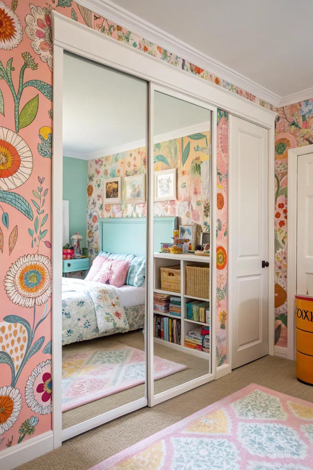 Peel-and-stick wallpaper adds a splash of personality to mirrored doors.