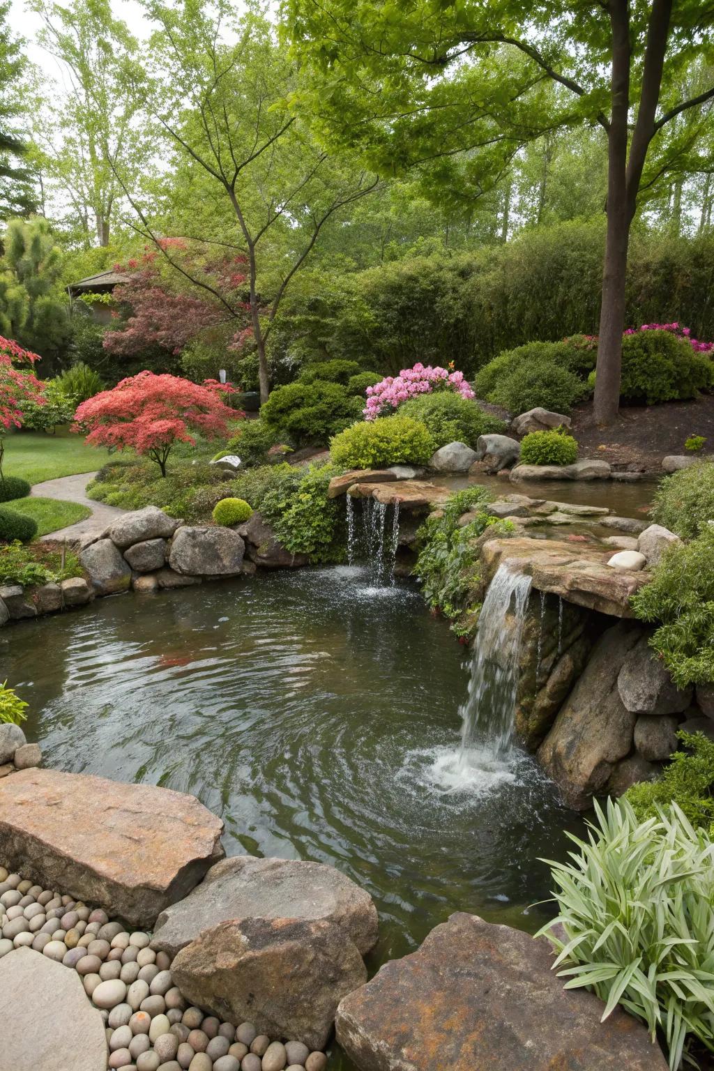 A tranquil garden water feature surrounded by lush greenery.