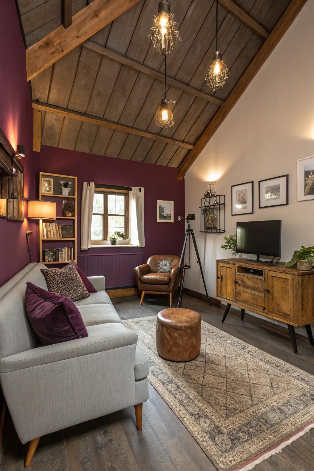 A bold plum ceiling adds warmth and character to this studio.