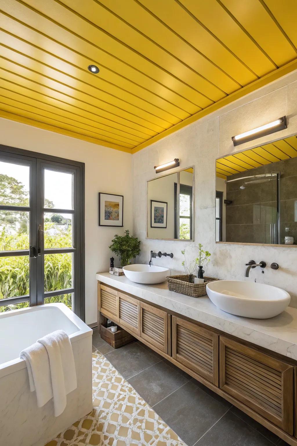 A bright ceiling color can invigorate your bathroom space with warmth and energy.