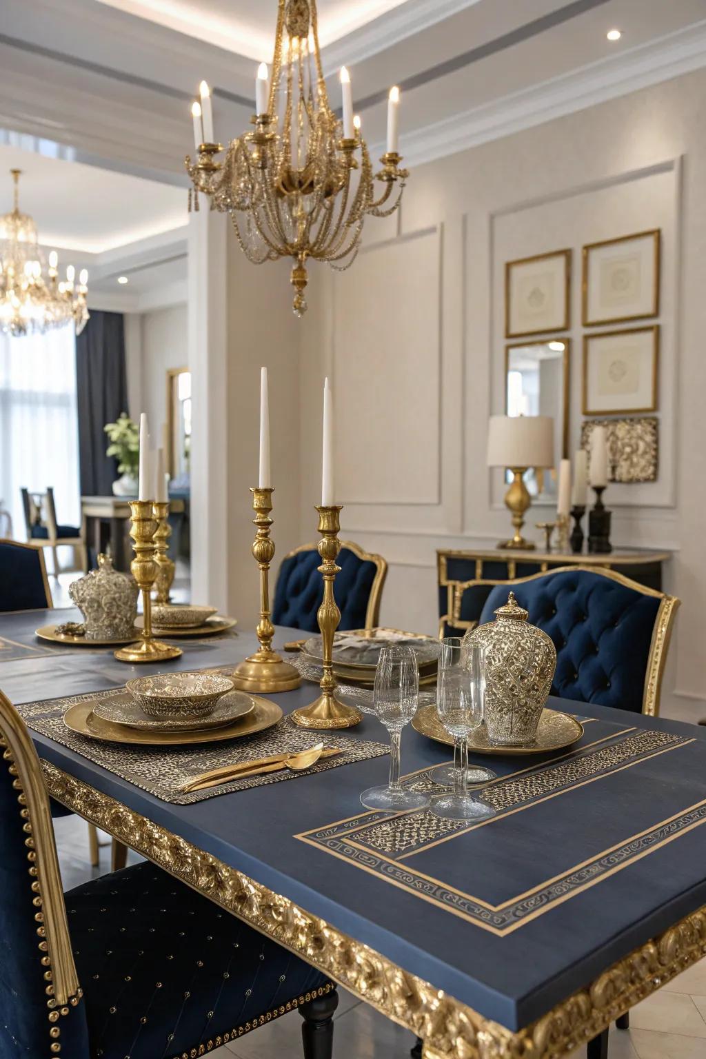 Navy blue offers a timeless elegance to any dining area.