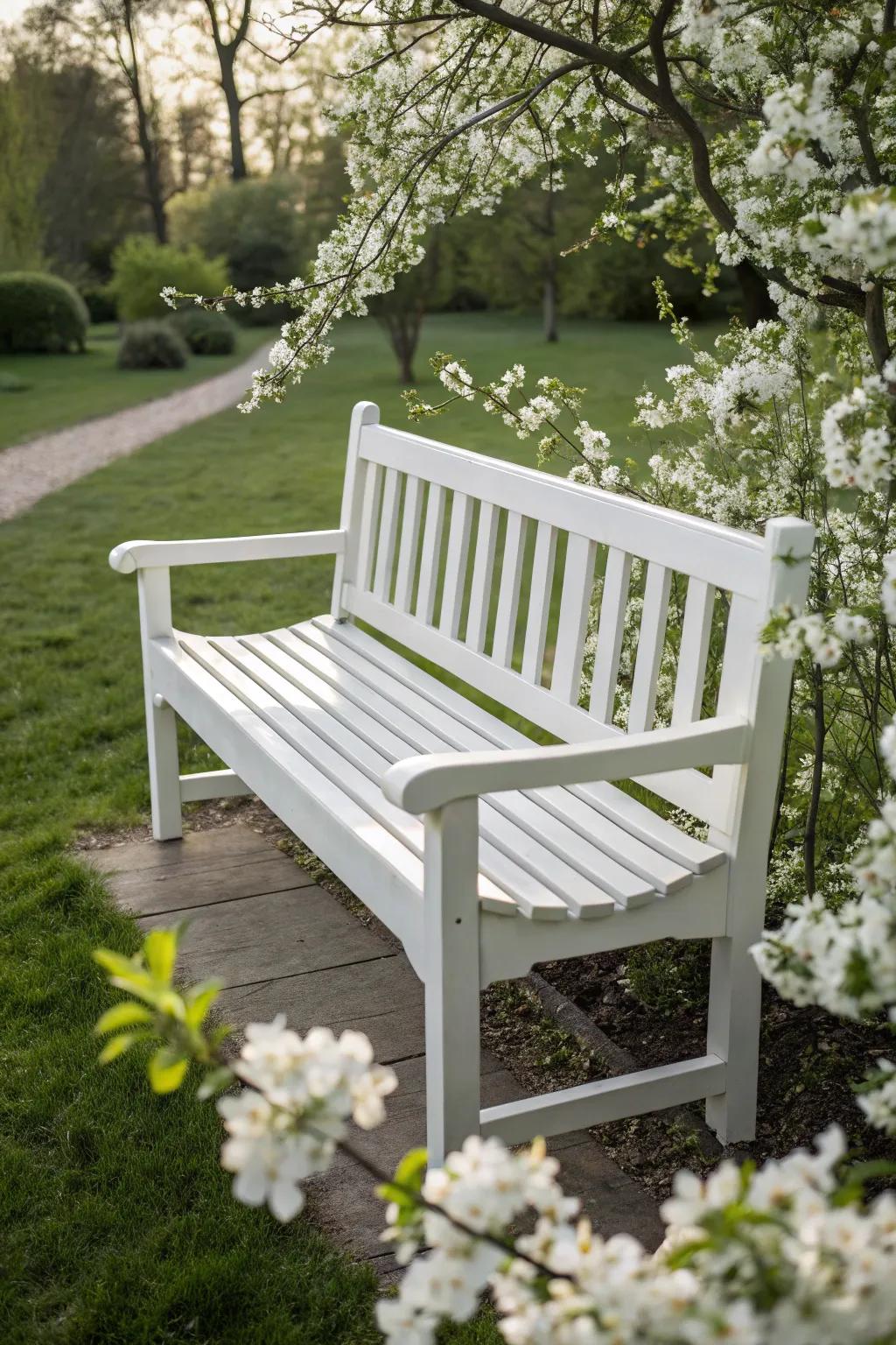 Embrace timeless elegance with a classic white bench, perfect for any garden oasis.