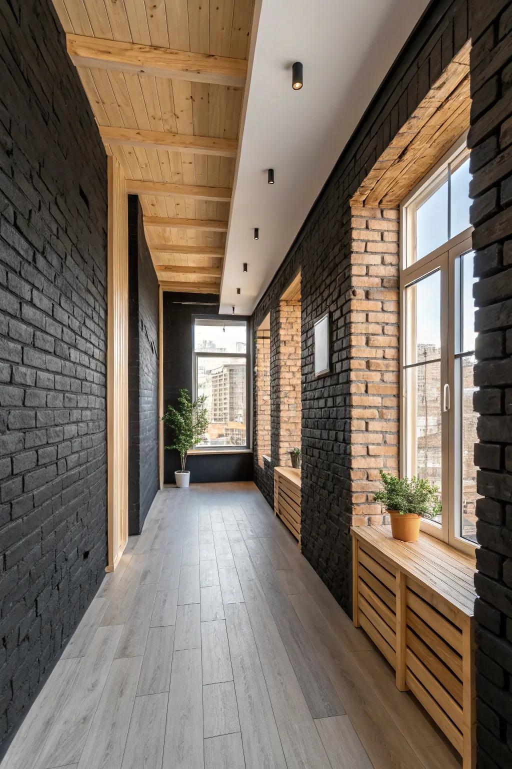 Bold black painted brick walls in a room balanced with light wood accents.