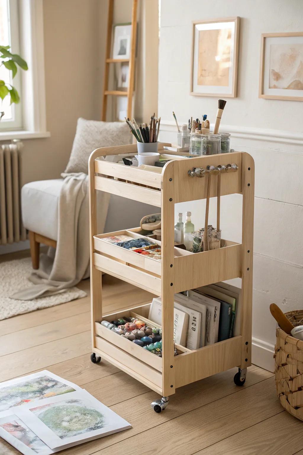 Unlock creativity anywhere with a chic rolling art cart—your portable muse in a minimalist haven.