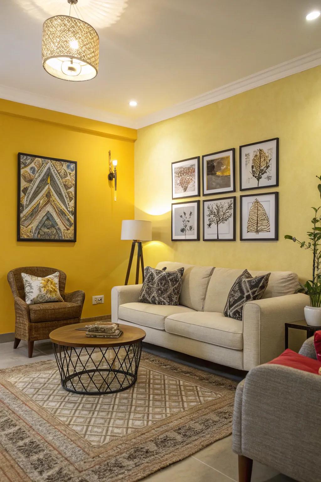 A yellow accent wall adds depth and character to a contemporary living space.