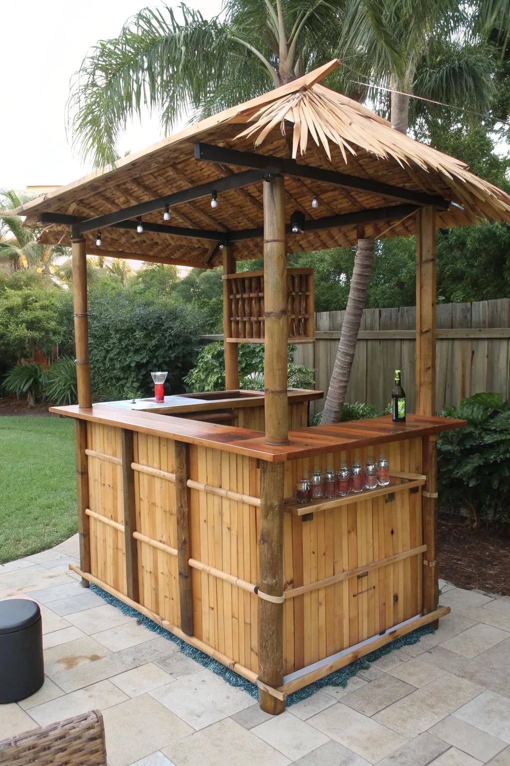 Escape to your own backyard oasis with this stunning tiki pallet bar. 🌴🍹