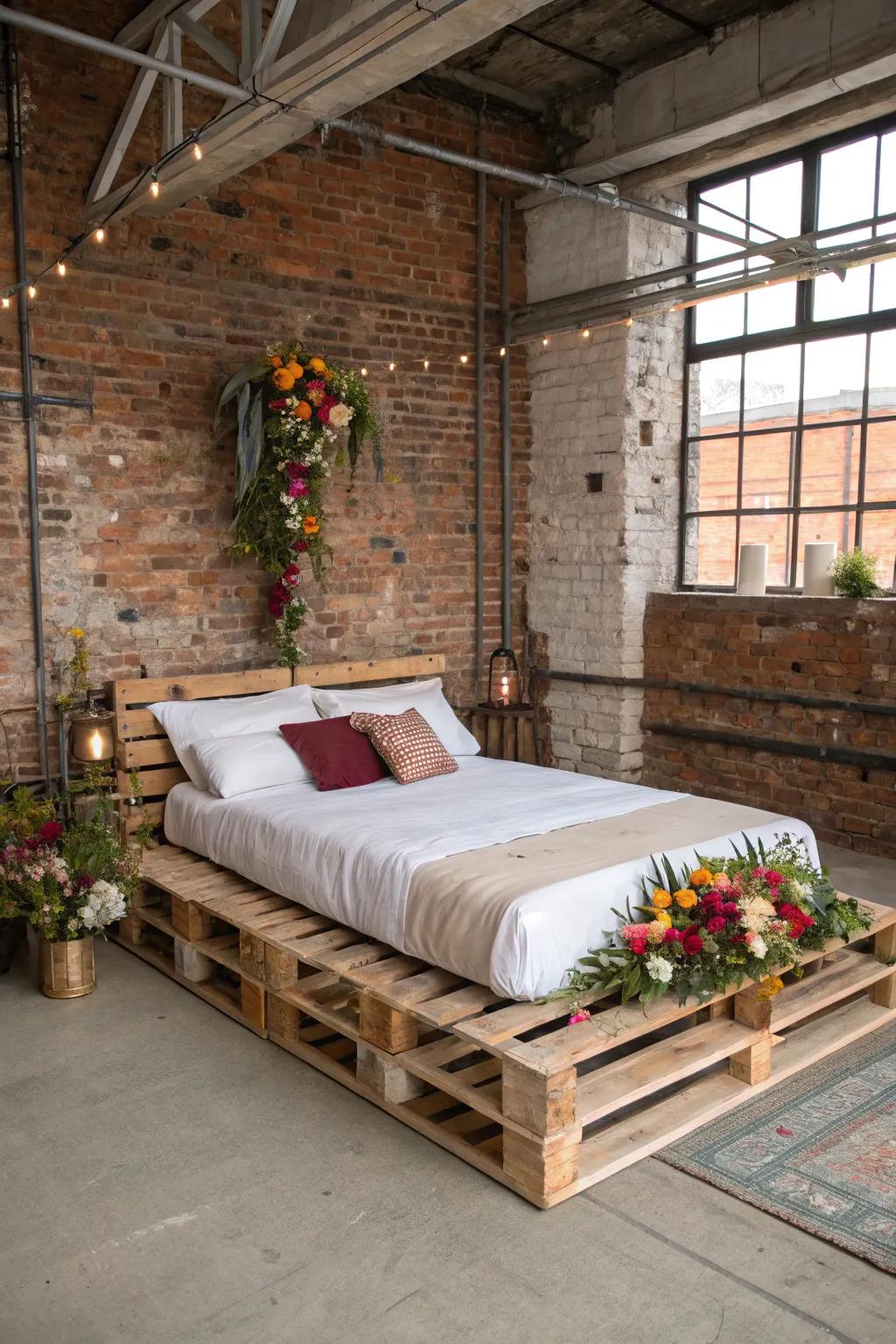 Industrial chic meets feminine elegance with a pallet bed adorned with floral accents.