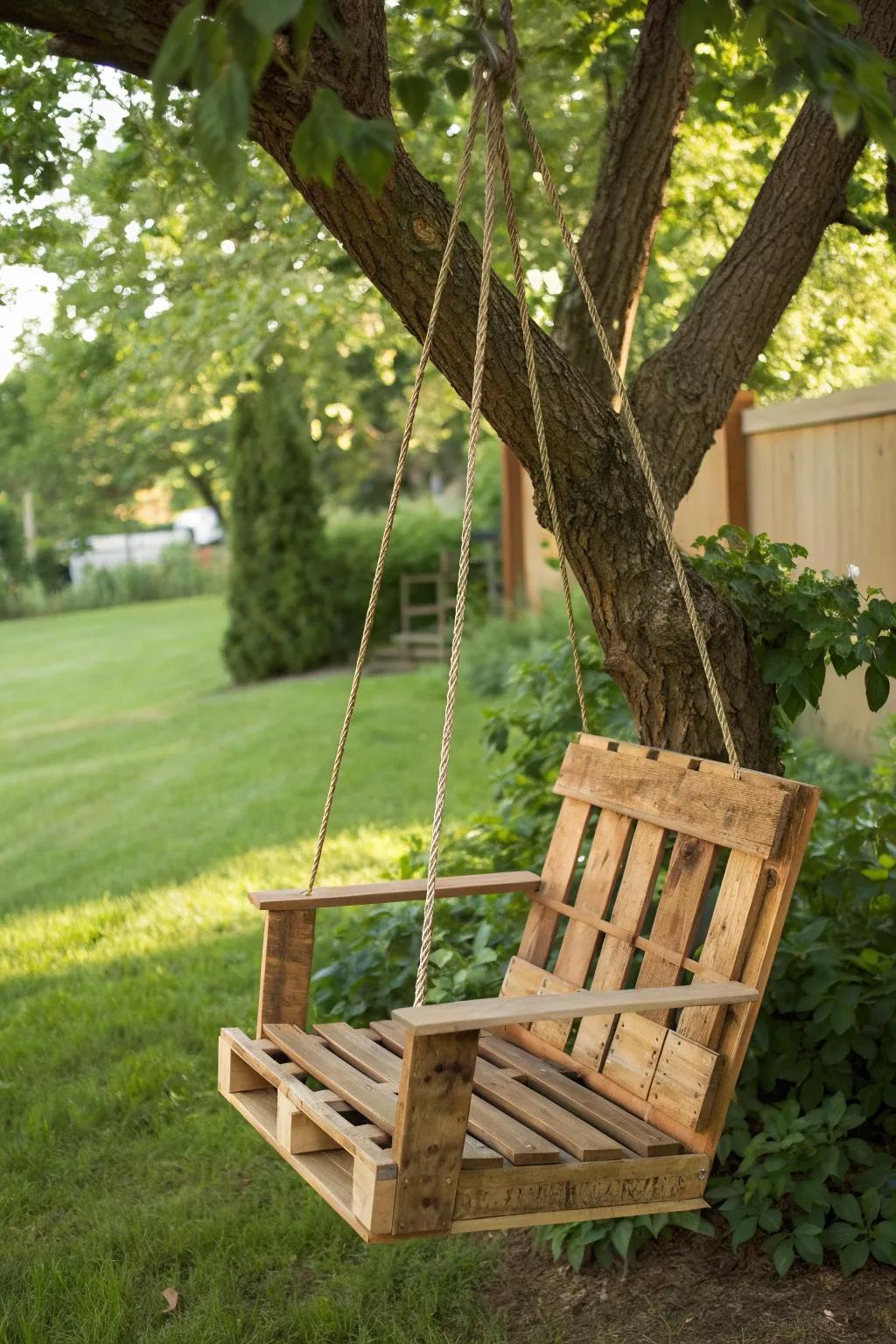 Elevate your backyard with the art of a swinging pallet chair.