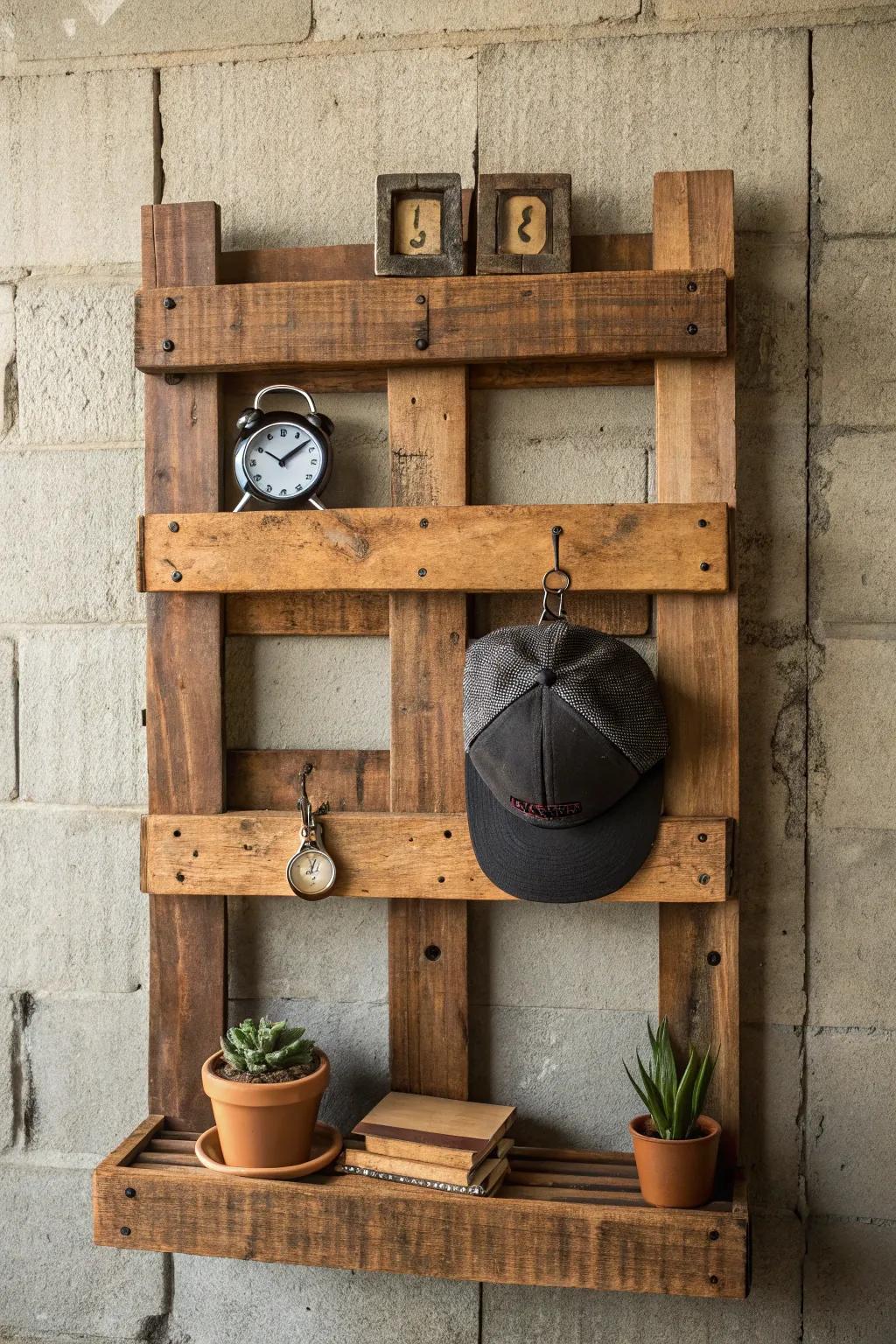 Elevate your entryway with this handcrafted pallet hat rack featuring a versatile shelf for decor and essentials.